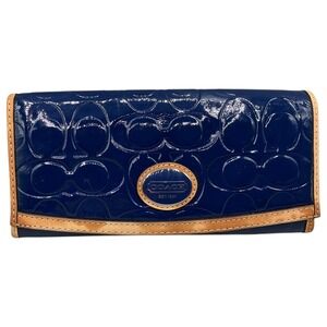 Coach Signature Patent Leather Trifold Wallet Navy Blue Tan Trim